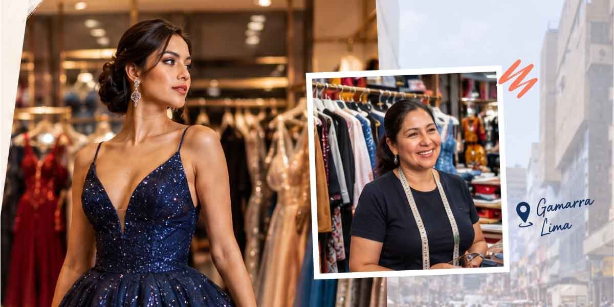 Mujer con vestido de gala azul y socia sonriente en su tienda de la Galería Carrión, en Gamarra, Lima